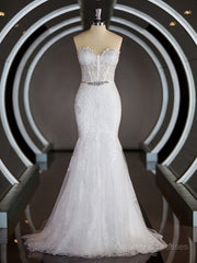 Wedding Dress With Pockets, Trumpet/Mermaid Sweetheart Court Train Tulle Wedding Dresses with Appliques Lace