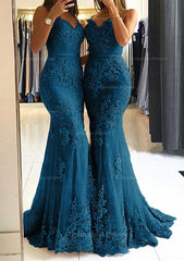 Homecoming Dress Sparkles, Trumpet/Mermaid Sweetheart Sleeveless Long/Floor-Length Tulle Prom Dress With Appliqued