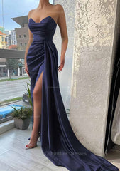 Party Dresses For Girls, Trumpet/Mermaid Sweetheart Strapless Court Train Satin Prom Dress With Pleated Split