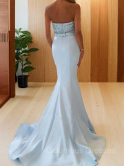 Formal Dresses For Middle School, Trumpet/Mermaid Sweetheart Sweep Train Satin Prom Dresses With Beading