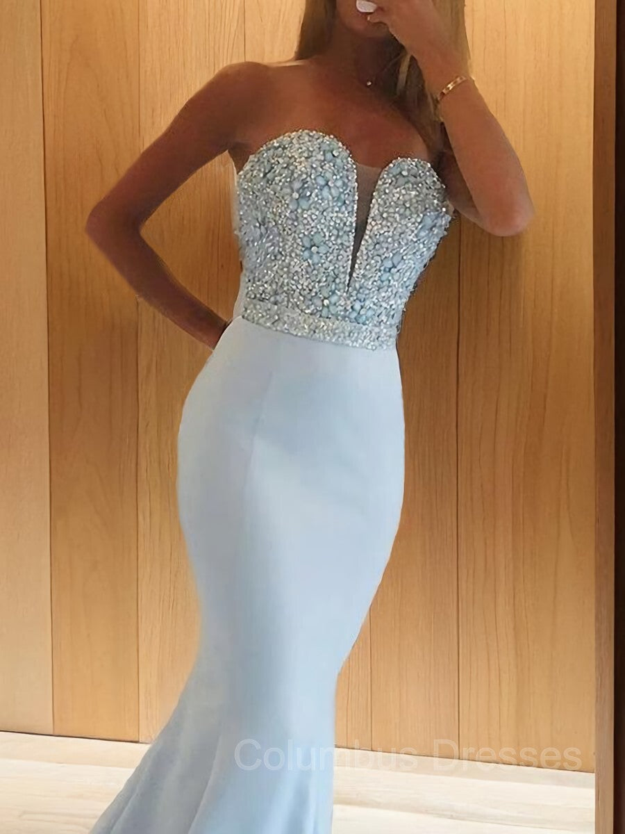 Formal Dress Off The Shoulder, Trumpet/Mermaid Sweetheart Sweep Train Satin Prom Dresses With Beading