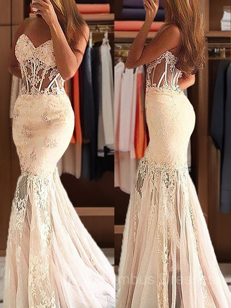 Prom Dresses Long Beautiful, Trumpet/Mermaid Sweetheart Sweep Train Tulle Prom Dresses With Appliques Lace