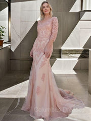 Party Dress Australia, Trumpet/Mermaid Tulle Lace V-neck 3/4 Sleeves Sweep/Brush Train Mother of the Bride Dresses