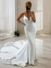 Wedding Dress For Brides, Trumpet/Mermaid V-neck Cathedral Train Charmeuse Wedding Dresses With Appliques Lace