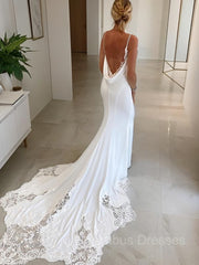 Wedding Dress For Bride, Trumpet/Mermaid V-neck Cathedral Train Charmeuse Wedding Dresses With Appliques Lace