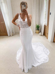Wedding Dresses For Brides, Trumpet/Mermaid V-neck Cathedral Train Stretch Crepe Wedding Dresses With Appliques Lace