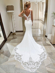 Wedding Dresses For Beach Wedding, Trumpet/Mermaid V-neck Cathedral Train Stretch Crepe Wedding Dresses With Appliques Lace