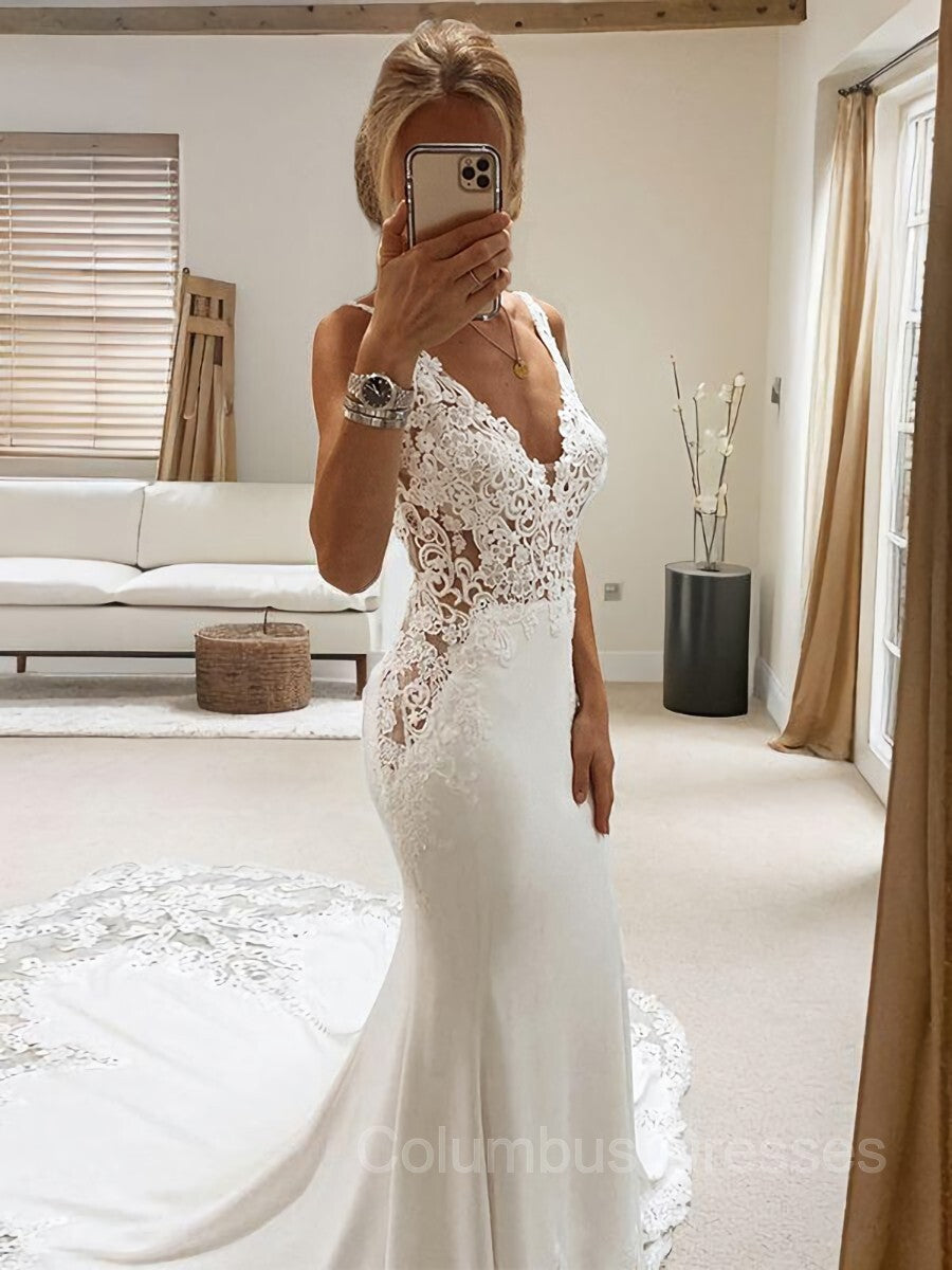 Wedding Dresses Satin, Trumpet/Mermaid V-neck Cathedral Train Stretch Crepe Wedding Dresses With Appliques Lace
