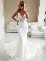 Wedding Dress Hire Near Me, Trumpet/Mermaid V-neck Cathedral Train Stretch Crepe Wedding Dresses With Appliques Lace
