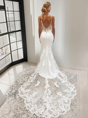 Wedding Dress With Corset, Trumpet/Mermaid V-neck Cathedral Train Stretch Crepe Wedding Dresses With Appliques Lace