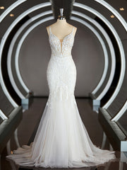 Wedding Dress Shaper, Trumpet/Mermaid V-neck Cathedral Train Tulle Wedding Dresses with Appliques Lace