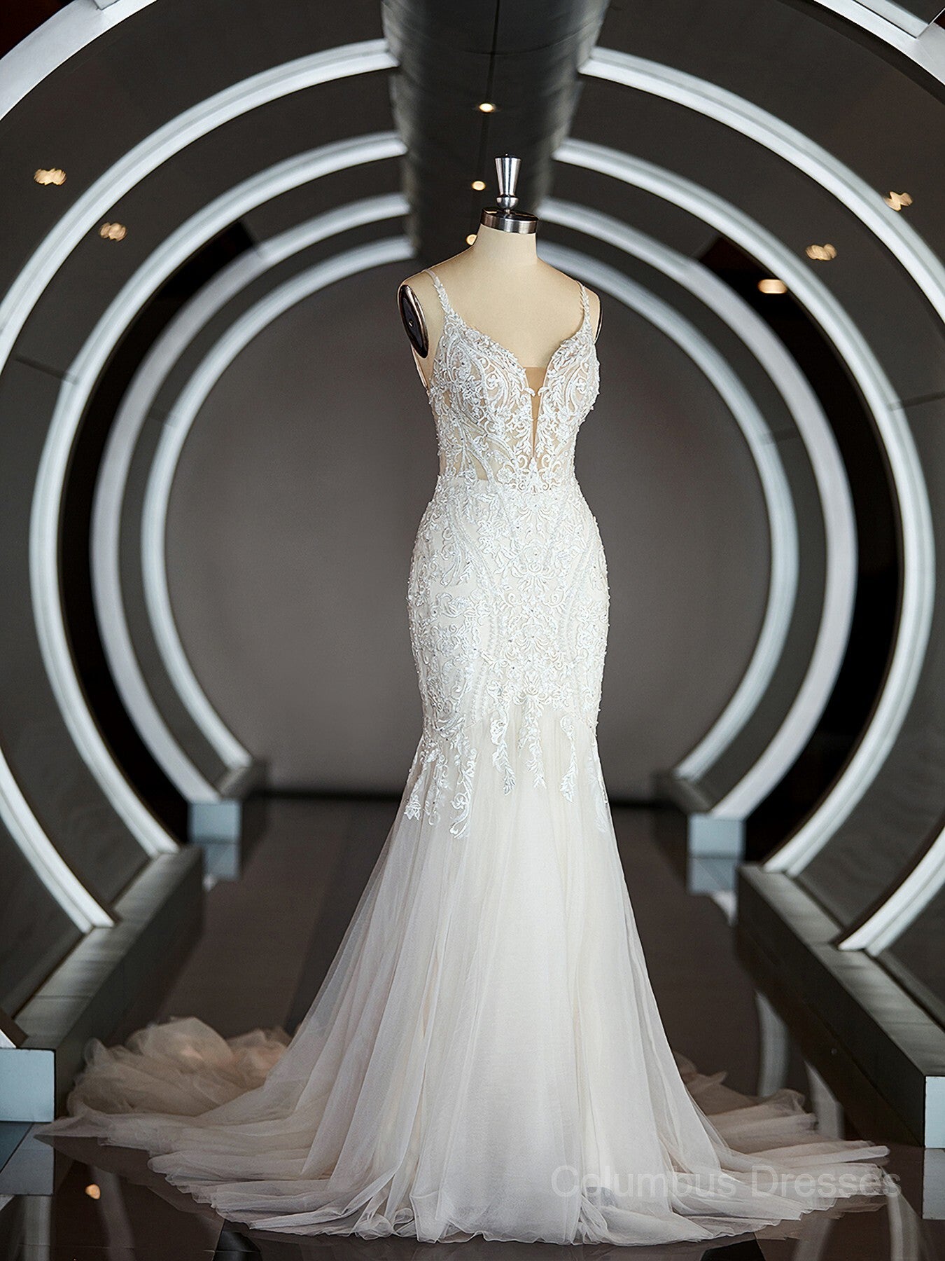 Wedding Dresses Boutique, Trumpet/Mermaid V-neck Cathedral Train Tulle Wedding Dresses with Appliques Lace