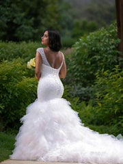 Weddings Dresses Online, Trumpet/Mermaid V-neck Cathedral Train Tulle Wedding Dresses With Beading