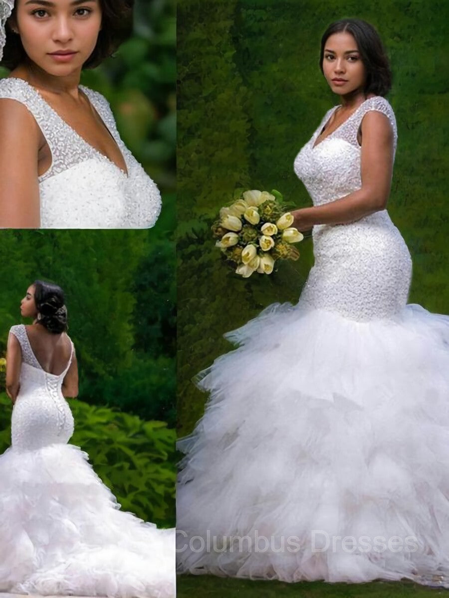 Weddings Dress Online, Trumpet/Mermaid V-neck Cathedral Train Tulle Wedding Dresses With Beading
