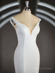 Wedding Dress Off The Shoulder, Trumpet/Mermaid V-neck Chapel Train Stretch Crepe Wedding Dresses with Ruffles