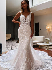 Wedding Dresses For Fall Weddings, Trumpet/Mermaid V-neck Cathedral Train Tulle Wedding Dress with Appliques Lace