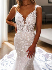 Wedding Dress Fittings, Trumpet/Mermaid V-neck Cathedral Train Tulle Wedding Dress with Appliques Lace