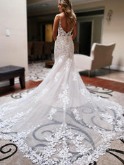 Wedding Dress Fitting, Trumpet/Mermaid V-neck Cathedral Train Tulle Wedding Dress with Appliques Lace