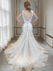 Wedding Dresses Train, Trumpet/Mermaid V-neck Chapel Train Tulle Wedding Dresses With Appliques Lace