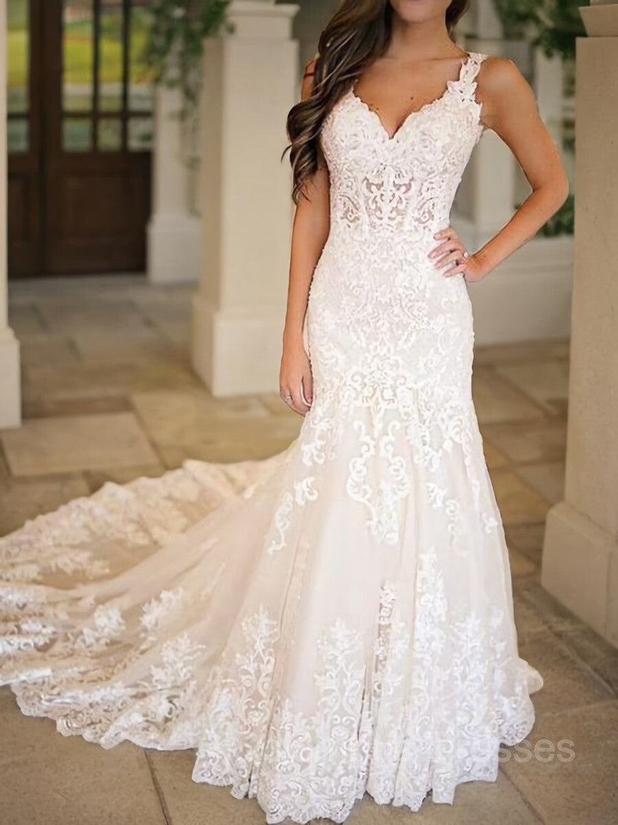 Wedsing Dresses With Sleeves, Trumpet/Mermaid V-neck Chapel Train Tulle Wedding Dresses With Appliques Lace