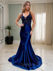 Prom Dress Under 69, Trumpet/Mermaid V-neck Court Train Elastic Woven Satin Prom Dresses With Appliques Lace