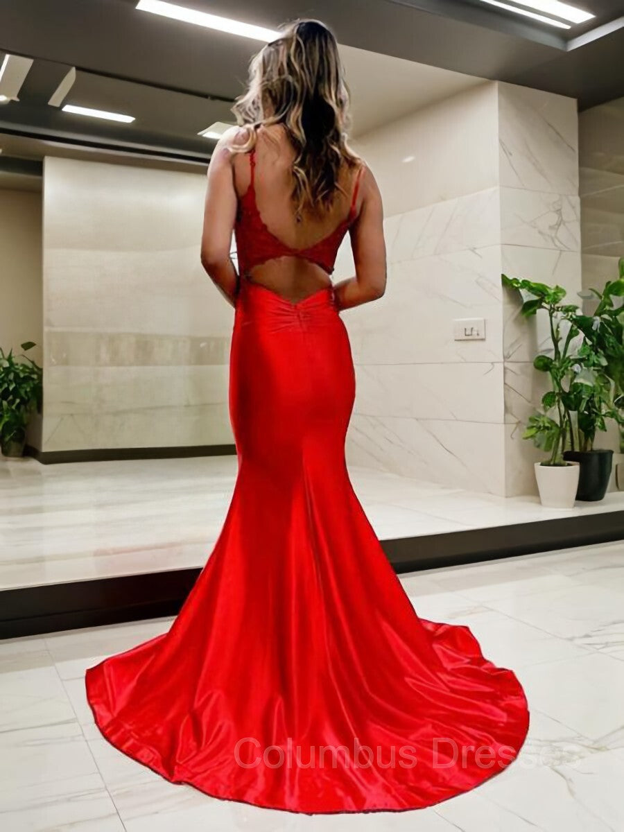 Prom Dress Black, Trumpet/Mermaid V-neck Court Train Elastic Woven Satin Prom Dresses With Appliques Lace