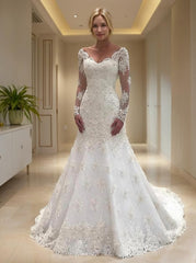 Wedding Dress Beautiful, Trumpet/Mermaid V-neck Court Train Lace Wedding Dresses With Appliques Lace