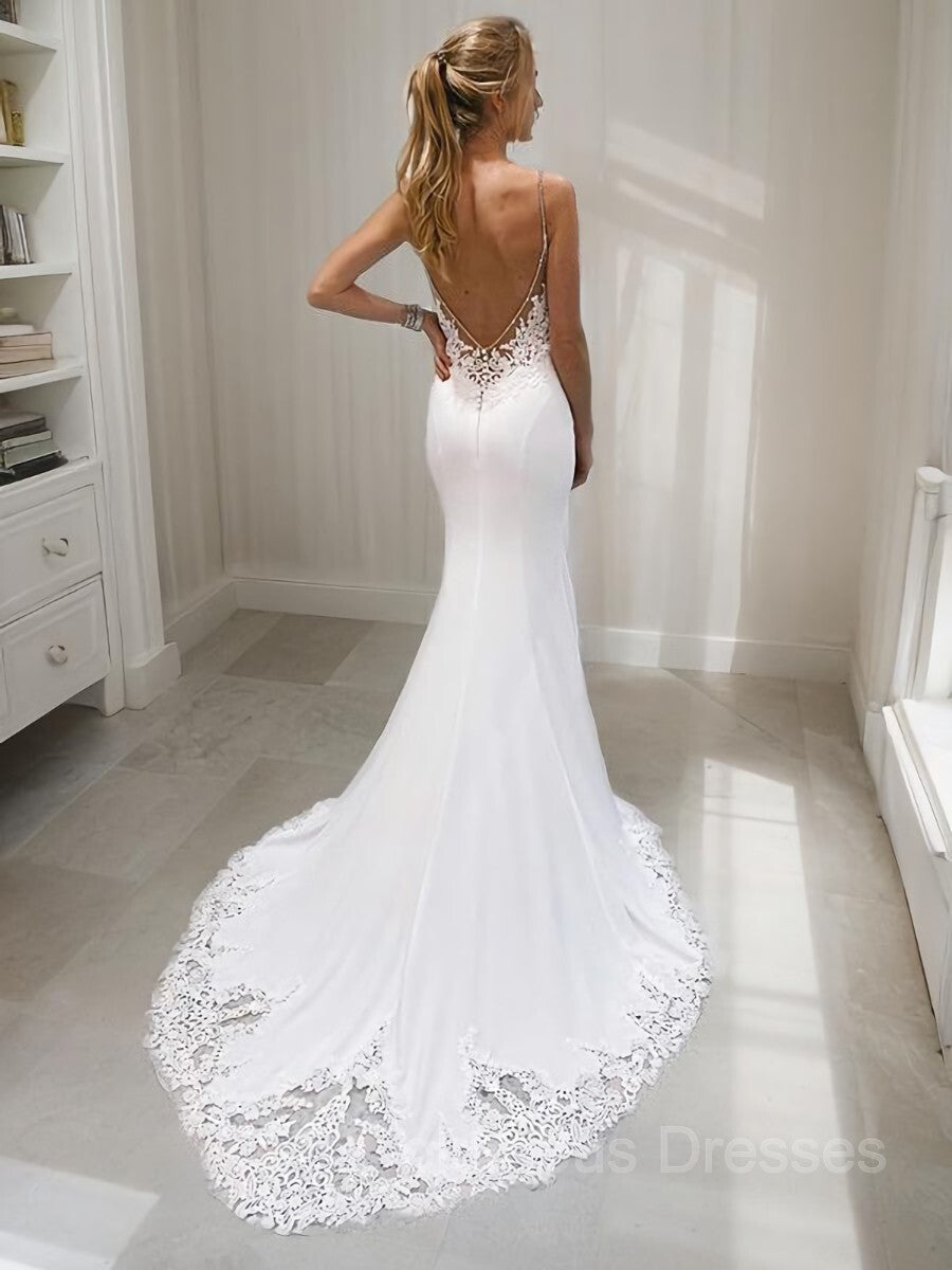 Wedsing Dresses Boho, Trumpet/Mermaid V-neck Court Train Stretch Crepe Wedding Dresses With Appliques Lace