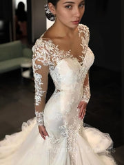 Wedding Dress Short, Trumpet/Mermaid V-neck Court Train Tulle Wedding Dresses With Appliques Lace