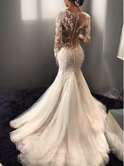 Wedding Dresses Short, Trumpet/Mermaid V-neck Court Train Tulle Wedding Dresses With Appliques Lace