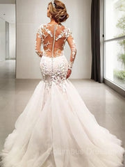 Wedding Dresses Under 507, Trumpet/Mermaid V-neck Court Train Tulle Wedding Dresses With Appliques Lace