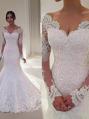 Wedding Dresses For Spring, Trumpet/Mermaid V-neck Court Train Tulle Wedding Dresses With Appliques Lace