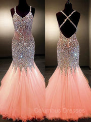 Long Sleeve Dress, Trumpet/Mermaid V-neck Floor-Length Tulle Prom Dresses With Rhinestone