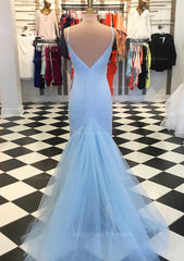 Bridesmaids Dress Cheap, Trumpet/Mermaid V Neck Sleeveless Court Train Lace Tulle Prom Dress
