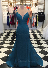 Bridesmaids Dress Designers, Trumpet/Mermaid V Neck Sleeveless Court Train Lace Tulle Prom Dress
