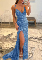 Evening Dresses Knee Length, Trumpet/Mermaid V Neck Sleeveless Sweep Train Allover Sparkly Sequined Prom Dress With Split