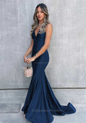 Navy Blue Dress, Trumpet/Mermaid V Neck Sleeveless Sweep Train Jersey Prom Dress