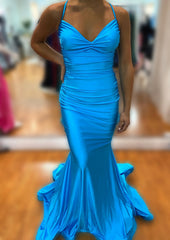 Prom Dresses Sites, Trumpet/Mermaid V Neck Sleeveless Sweep Train Jersey Prom Dress With Pleated