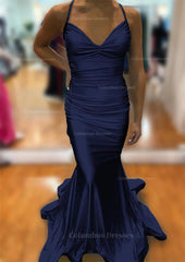 Prom Dresses Affordable, Trumpet/Mermaid V Neck Sleeveless Sweep Train Jersey Prom Dress With Pleated