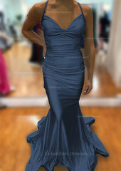Prom Dress Affordable, Trumpet/Mermaid V Neck Sleeveless Sweep Train Jersey Prom Dress With Pleated