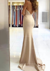 Party Dresses And Jumpsuits, Trumpet/Mermaid V Neck Sleeveless Sweep Train Satin Prom Dress
