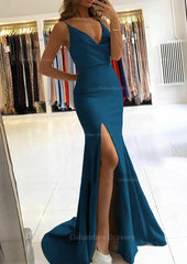 Elegant Dress Classy, Trumpet/Mermaid V Neck Sleeveless Sweep Train Satin Prom Dress