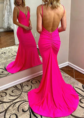 Formal Dresses Corset, Trumpet/Mermaid V Neck Spaghetti Straps Court Train Jersey Prom Dress With Pleated