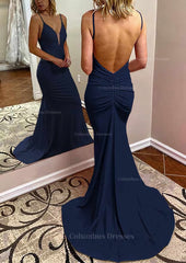 Formal Dresses Cocktail, Trumpet/Mermaid V Neck Spaghetti Straps Court Train Jersey Prom Dress With Pleated