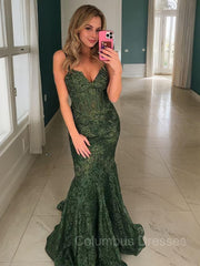 Party Dresses For Teenage Girls, Trumpet/Mermaid V-neck Sweep Train Lace Prom Dresses With Appliques Lace