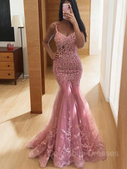 Bridesmaid Dress On Sale, Trumpet/Mermaid V-neck Sweep Train Lace Prom Dresses With Appliques Lace