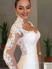 Wedsing Dress Vintage, Trumpet/Mermaid V-neck Sweep Train Lace Wedding Dresses With Appliques Lace