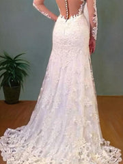 Wed Dresses Vintage, Trumpet/Mermaid V-neck Sweep Train Lace Wedding Dresses With Appliques Lace