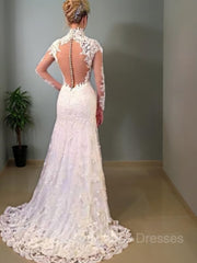 Wedsing Dresses Vintage, Trumpet/Mermaid V-neck Sweep Train Lace Wedding Dresses With Appliques Lace