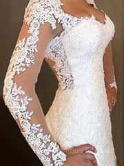 Wedding Dresses Collection, Trumpet/Mermaid V-neck Sweep Train Lace Wedding Dresses With Appliques Lace